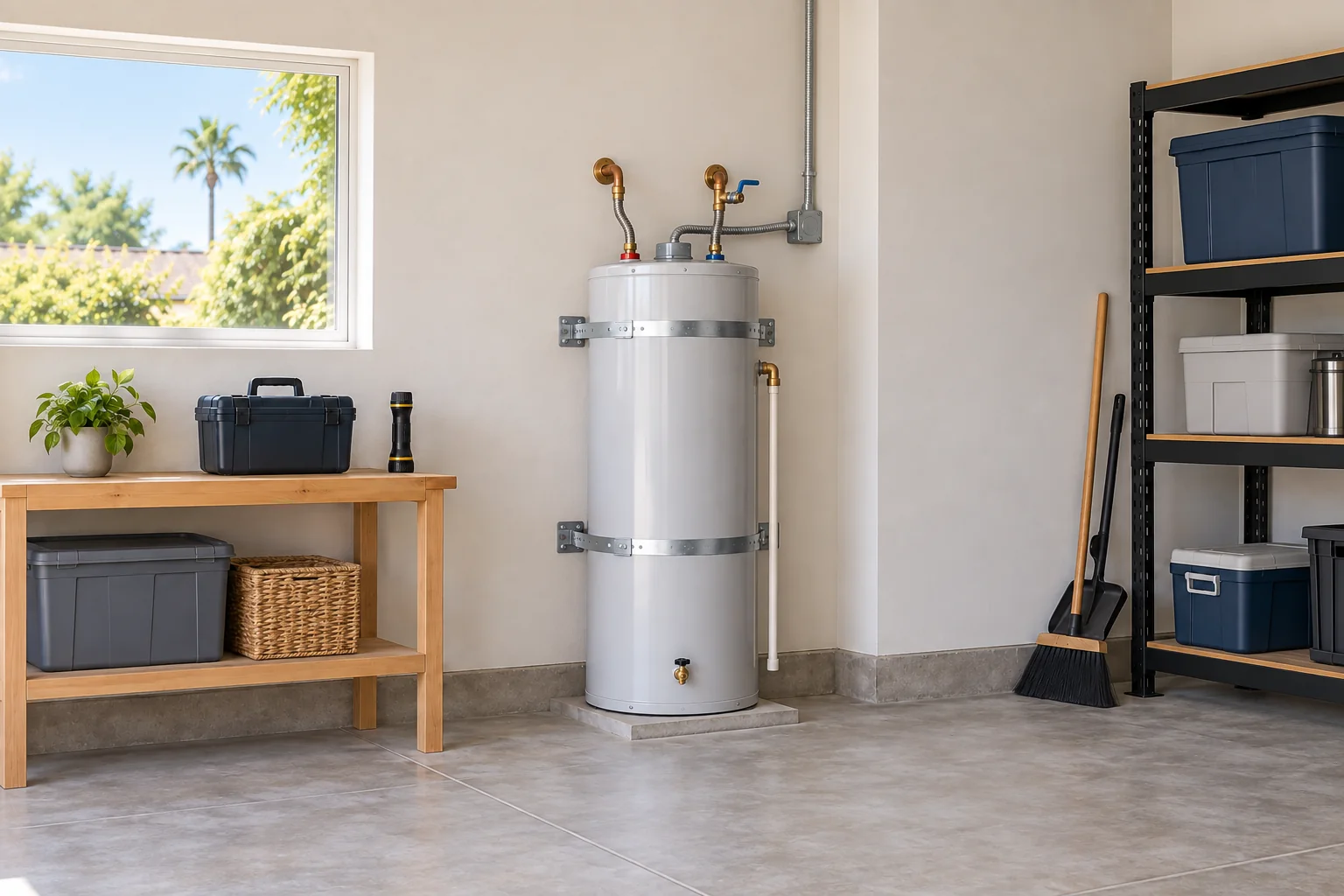 Illustration of a garage water heater with two wall restraint straps, flexible water connections and an emergency kit.