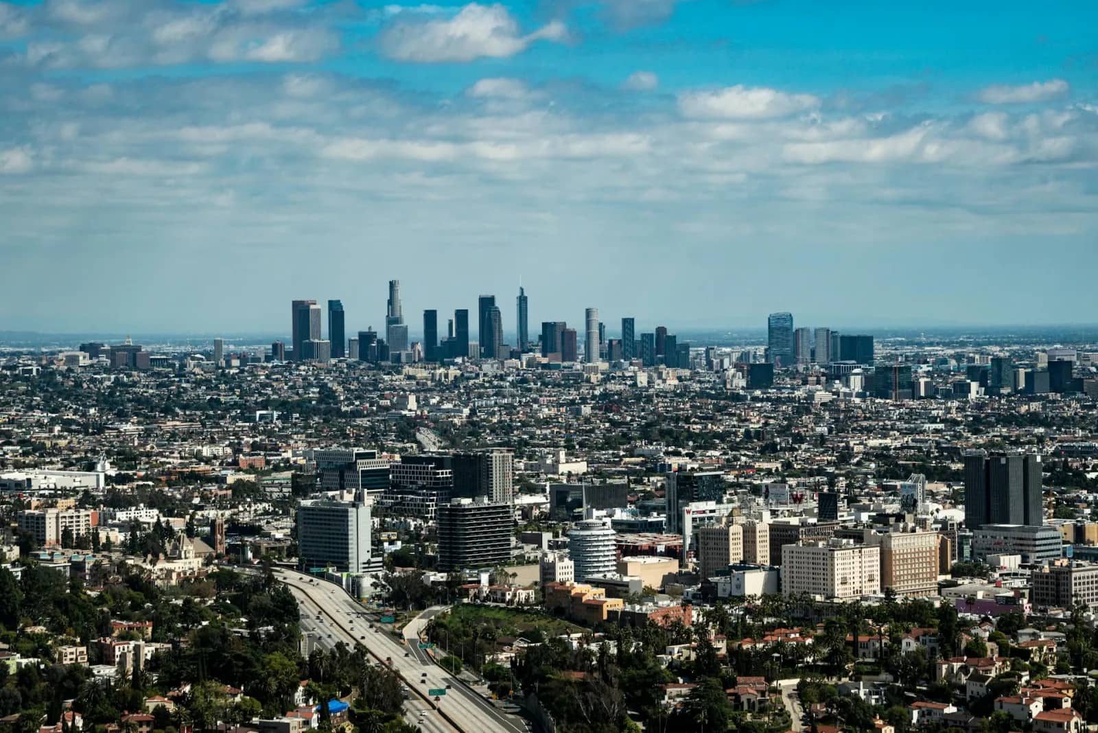Los Angeles skyline beneath a clear Southern California sky