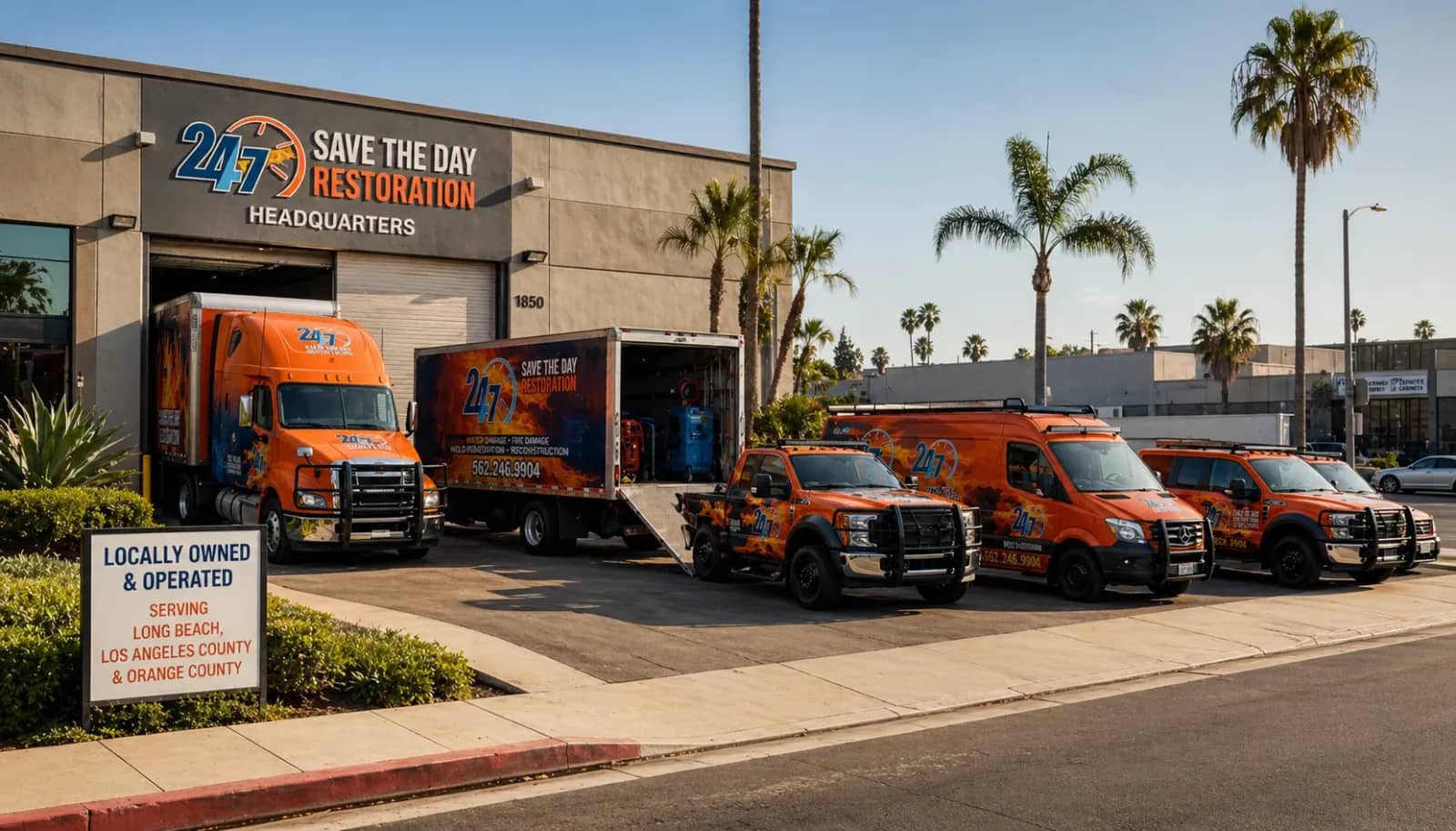 Save The Day Restoration’s orange service fleet outside a company building lined with palm trees